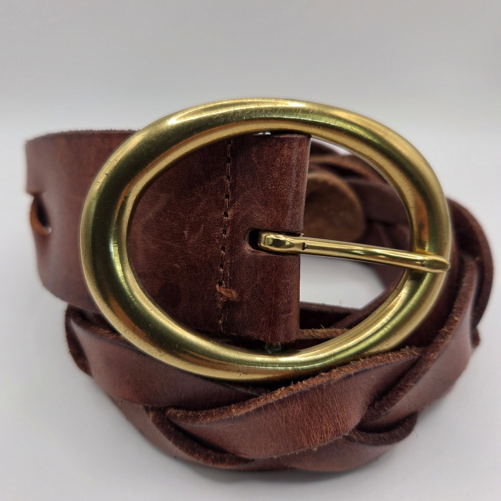Chaps Ralph Lauren Women's Brown Leather Braided Belt W Gold Oval Buckle XL 49in